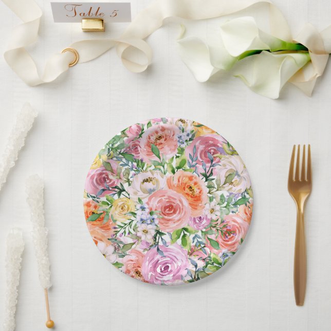 Pink Yellow White Orange Rose Flowers Pattern Paper Plate (Wedding)