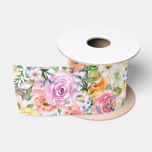 Pink Yellow White Orange Rose Flowers Pattern Satin Ribbon