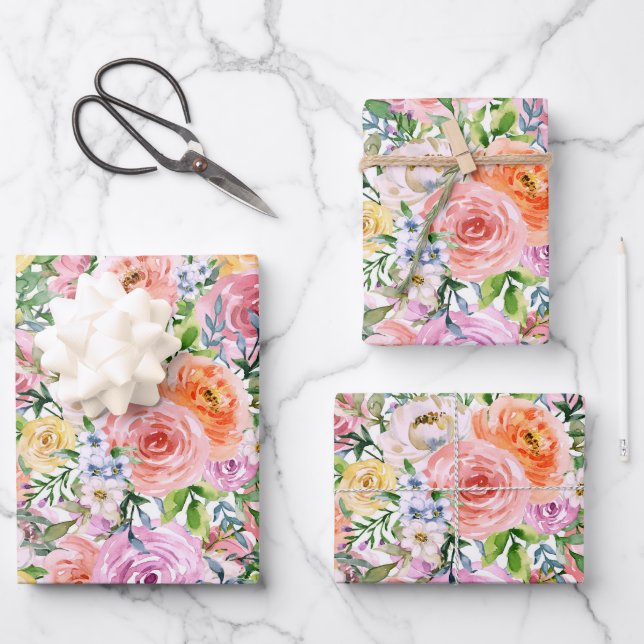 Pink Yellow White Orange Rose Flowers Pattern Wrapping Paper Sheet (Front)