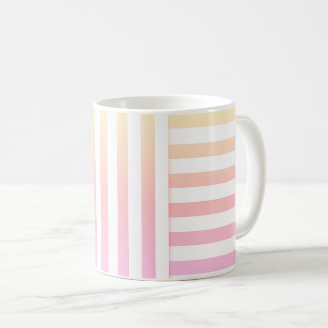 pink yellow  white stripe pattern coffee mug (Front Right)