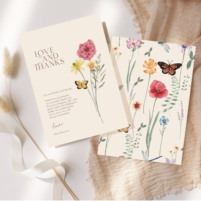 Pink Yellow Wildflower Love And Thanks Wedding Thank You Card (Pink Yellow Wildflower Love And Thanks Wedding Thank You Card)