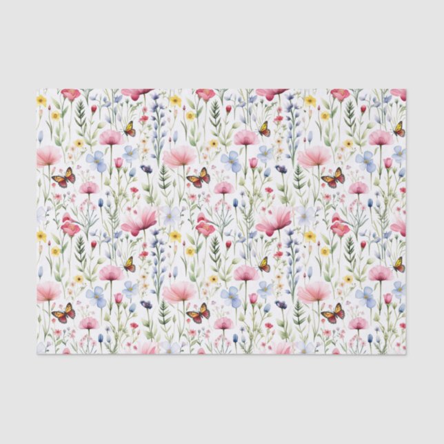 Pink Yellow Wildflowers Butterfly Birthday  Tissue Paper (Front)