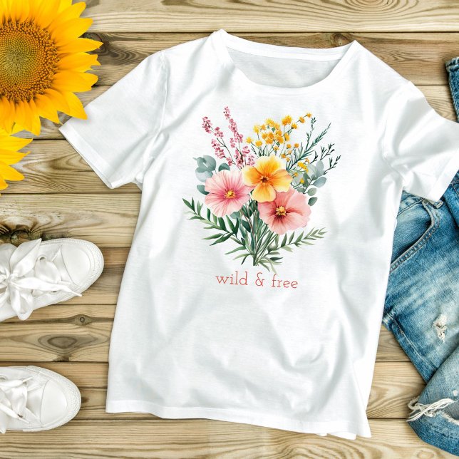 Pink Yellow Wildflowers Watercolor Wild and Free  T-Shirt (Pink Yellow Wildflowers Wild and Free Women's T-shirt. Personalized, Cottage Core, Trendy Boho)