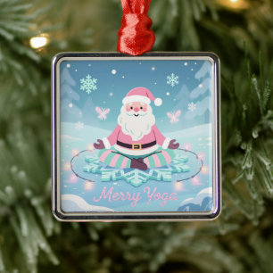Pink Yoga Santa Meditation Christmas Metal Ornament
