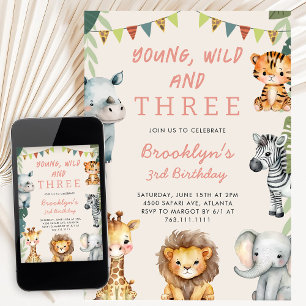Pink Young Wild and Three Safari Birthday Party Invitation