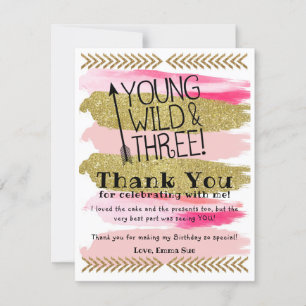 Pink Young Wild & Three Birthday Thank You Card