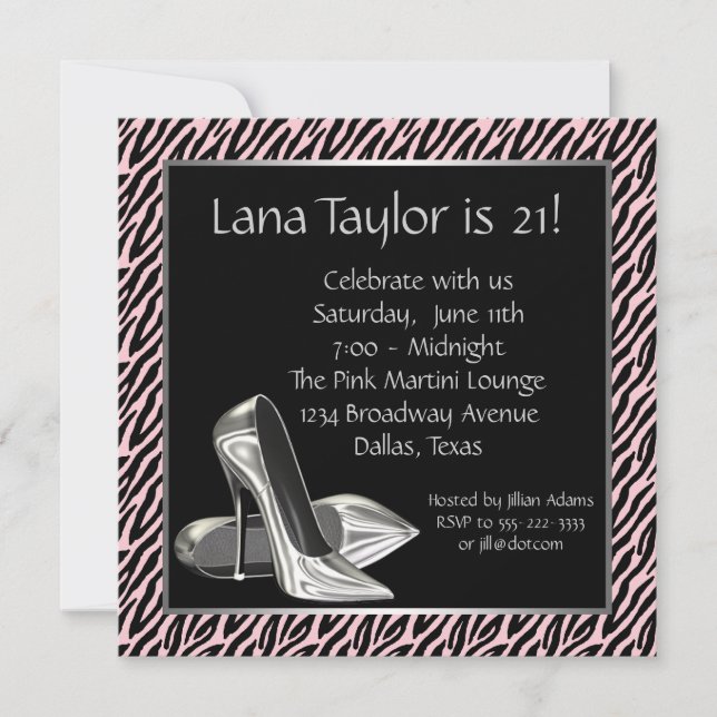 Pink Zebra 21st Birthday Party Invitations (Front)