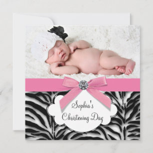 Pink Zebra Baby Girl Photo Christening Invitation