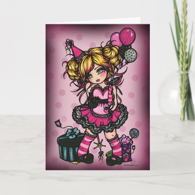 Pink Zebra Birthday Girl Fairy Fantasy Art Card (Front)