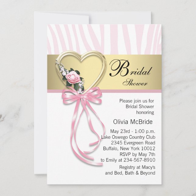 Pink Zebra Black Gold Zebra Bridal Shower Invitation (Front)