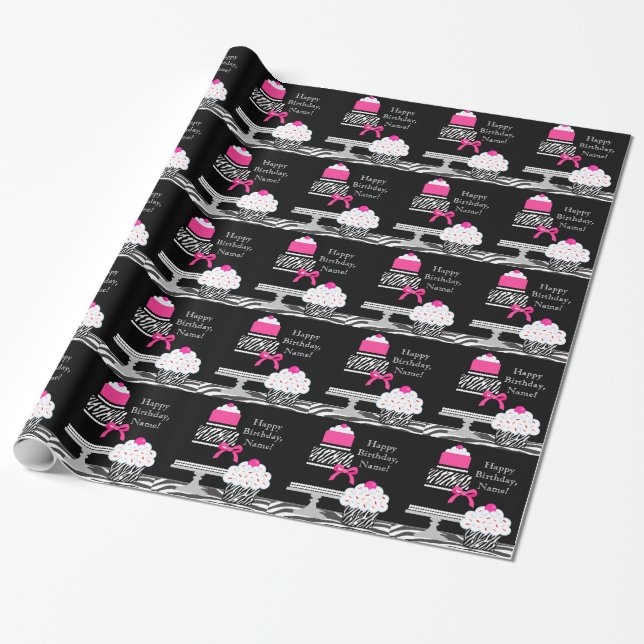 Pink Zebra Cake and Cupcake Wrapping Paper (Unrolled)