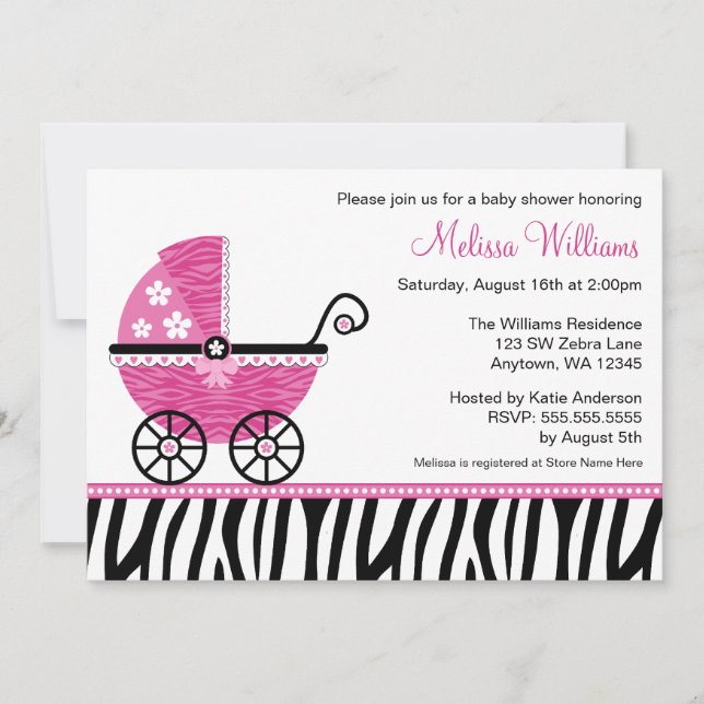 Pink Zebra Carriage Girl Baby Shower Invitations (Front)