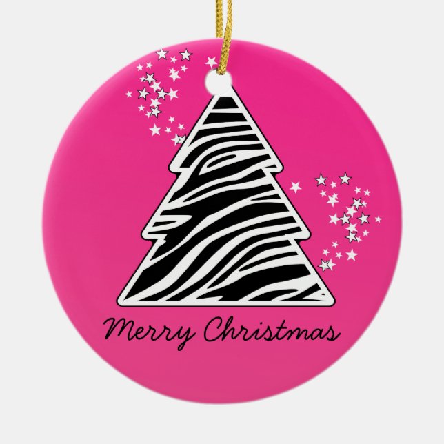 Pink zebra Christmas Tree Ceramic Ornament (Front)