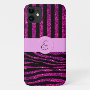 Pink Zebra, Glitter Zebra, Pink Stripes, Monogram iPhone 11 Case