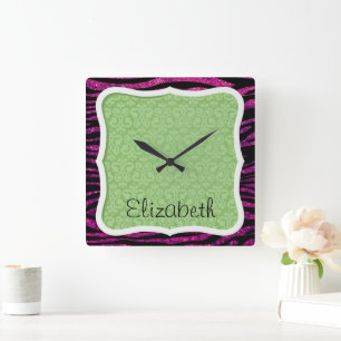 Pink Zebra, Glitter Zebra, Zebra Print, Your Name Square Wall Clock