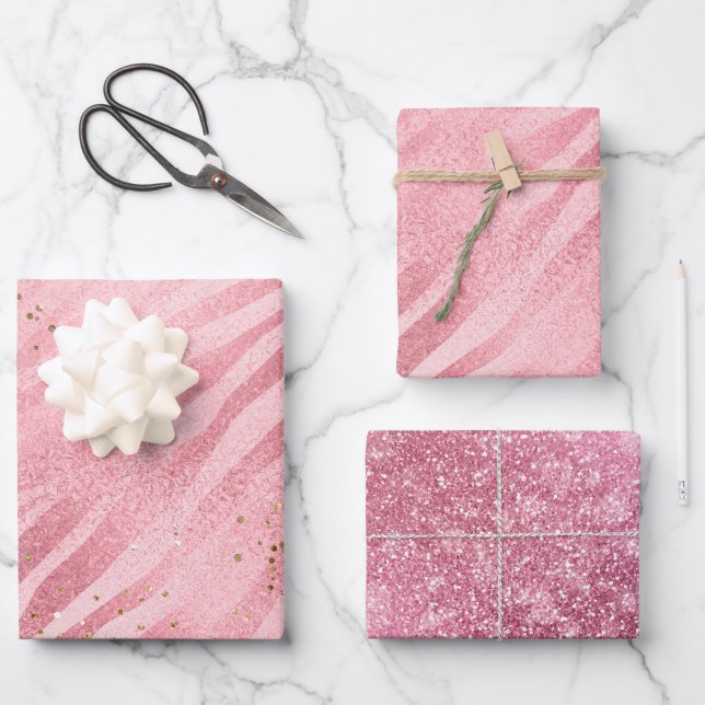 Pink Zebra Gold Glitzy Glitter  Wrapping Paper Sheet (Front)