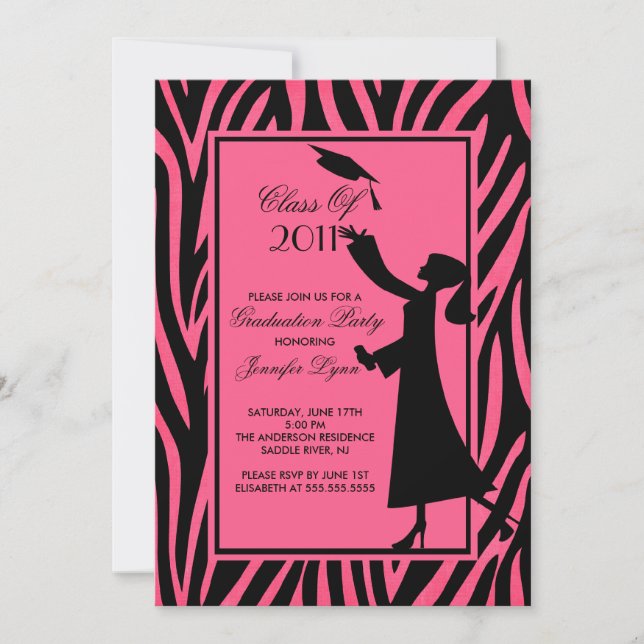 Pink Zebra Graduation Invitation Silhouette Grad (Front)