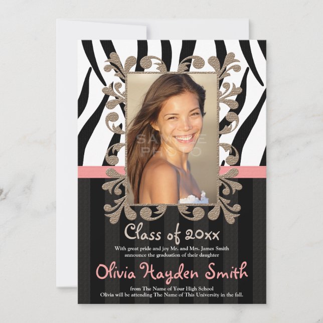Pink Zebra Graduation Photo Announcement Invite (Front)