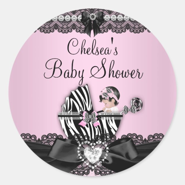 Pink Zebra & Lace Baby Shower Sticker (Front)