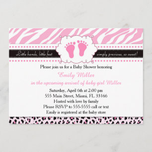 Pink Zebra Leopard Feet Baby Shower Invitation