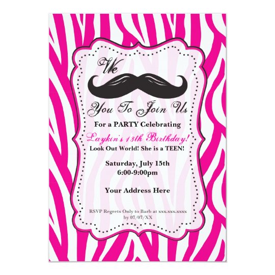 Pink Zebra Moustache Birthday Party Invitation! Card