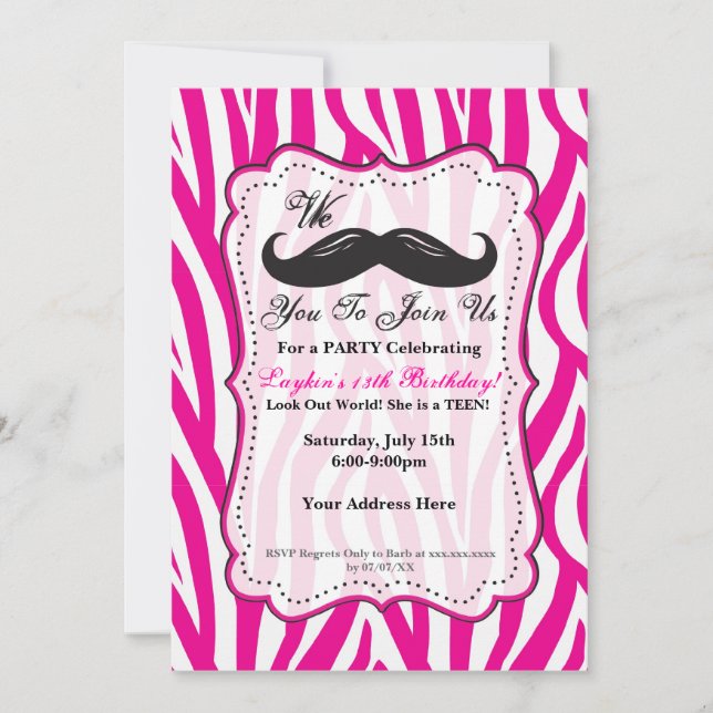 Pink Zebra Moustache Birthday Party Invitation! Invitation (Front)