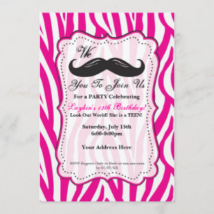 Pink Zebra Moustache Birthday Party Invitation! Invitation