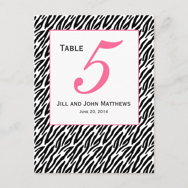 Pink Zebra Pattern Wedding Table Number Card (Front)