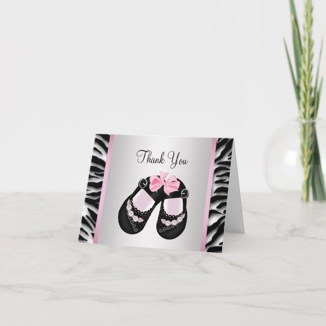 Pink Zebra Pink Black Baby Girl Shower Thank You Card (Front)