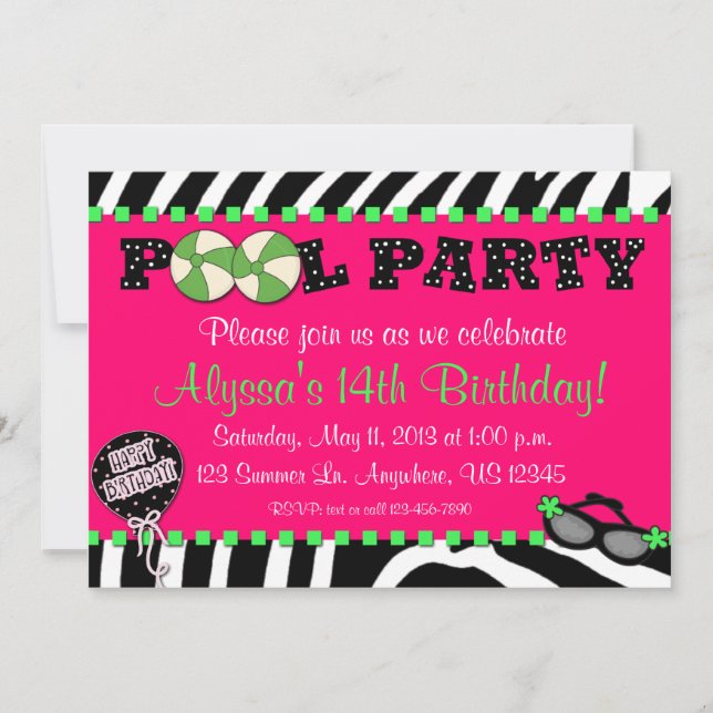 Pink Zebra Pool Party Birthday Invitation (Front)