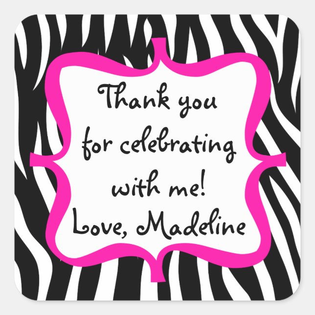 Pink Zebra Print Birthday Party Favour Square Sticker (Front)