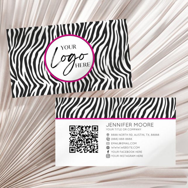 Pink Zebra Print Custom Company Logo QR Code Business Card (Creator Uploaded)