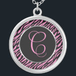 Pink Zebra Print Fancy Letter C Silver Plated Necklace<br><div class="desc">Script letter A in pink on a black and pink zebra print background.</div>
