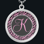 Pink Zebra Print Fancy Letter K Silver Plated Necklace<br><div class="desc">Script letter K in pink on a black and pink zebra print background.</div>