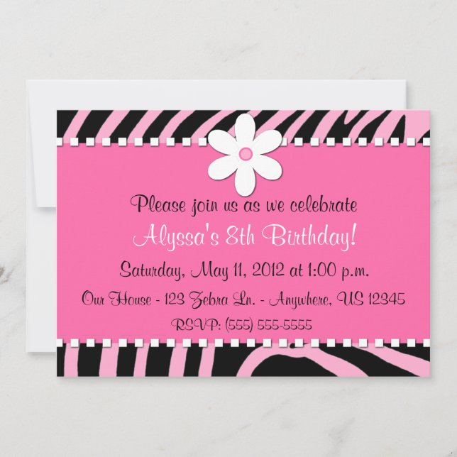 Pink Zebra Print Flower Invitation (Front)