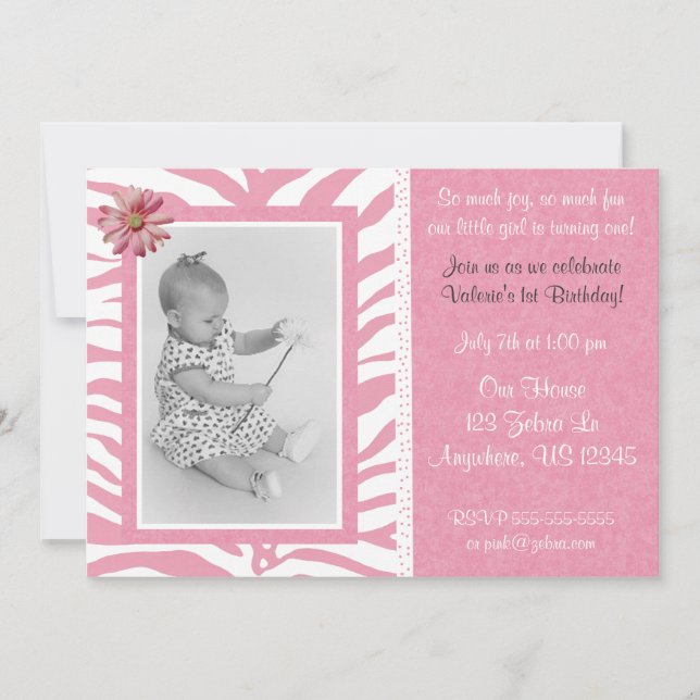 Pink Zebra Print Girls Birthday Invitation (Front)