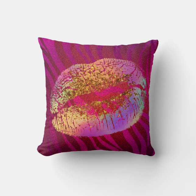 Pink Zebra Print Rainbow Glitter Lips Kiss Custom Cushion (Front)