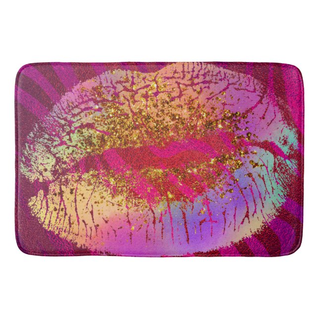 Pink Zebra Print Rainbow Gold Glitter Lips Kiss Bath Mat (Front)