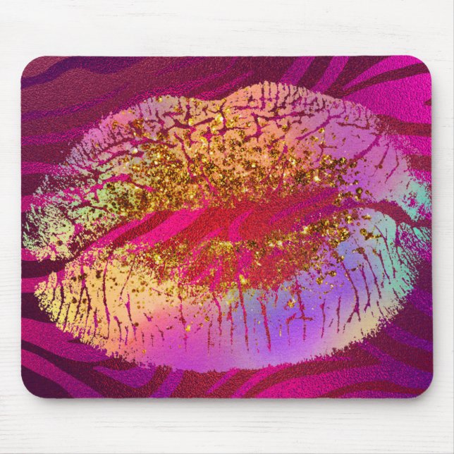 Pink Zebra Print Rainbow Gold Glitter Lips Kiss Mouse Pad (Front)