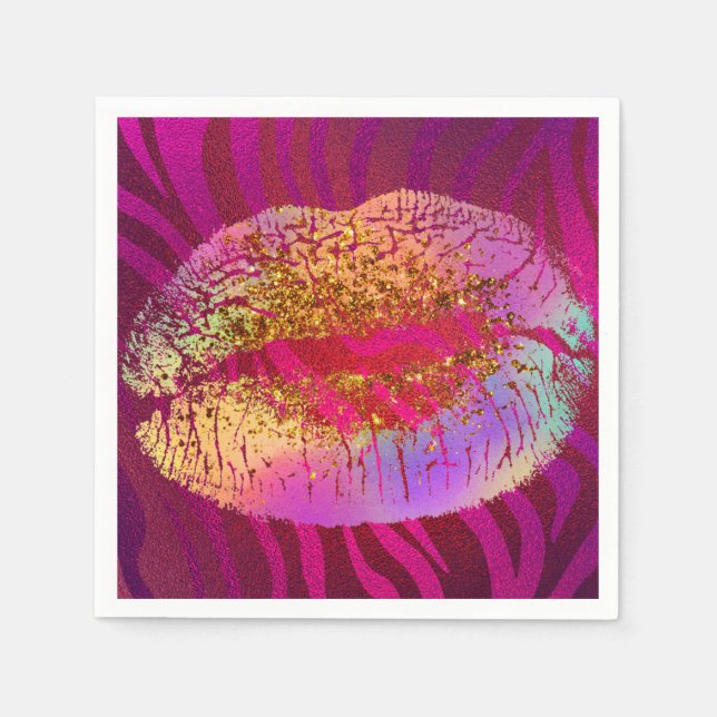 Pink Zebra Print Rainbow Gold Glitter Lips Party Napkin (Front)