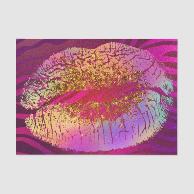 Pink Zebra Print Rainbow Gold Glitter Lips Party Tissue Paper (Front)