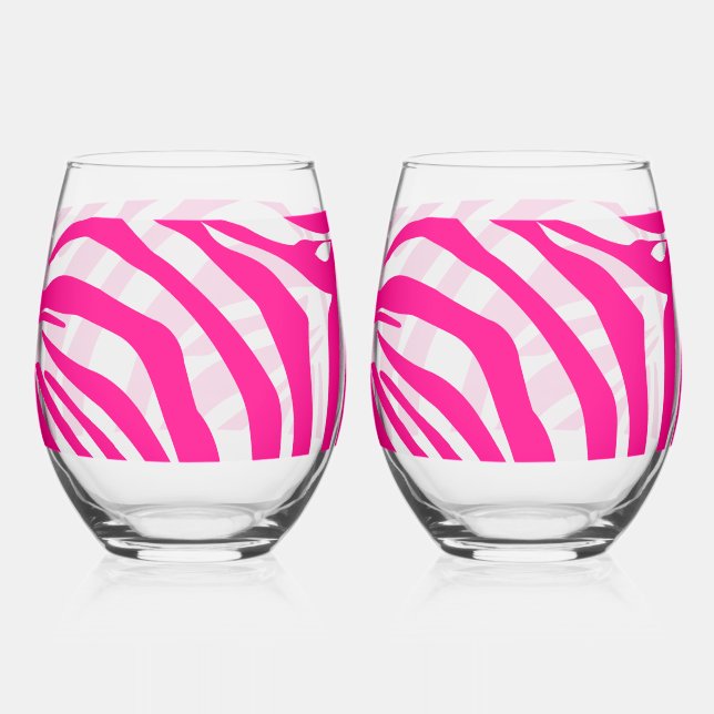 Pink zebra print stemless wine glass (Front)