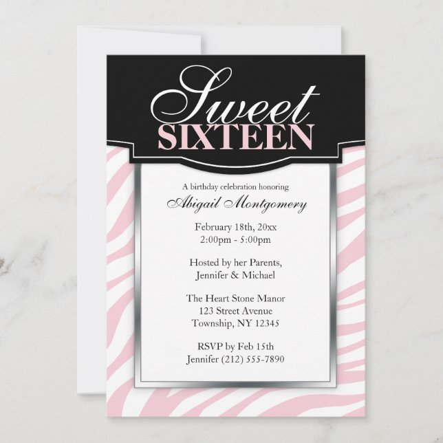 Pink Zebra Print Sweet 16 Birthday Invitations (Front)