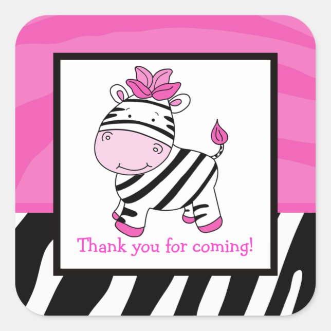 Pink Zebra Square Favour Stickers (6 Large) (Front)