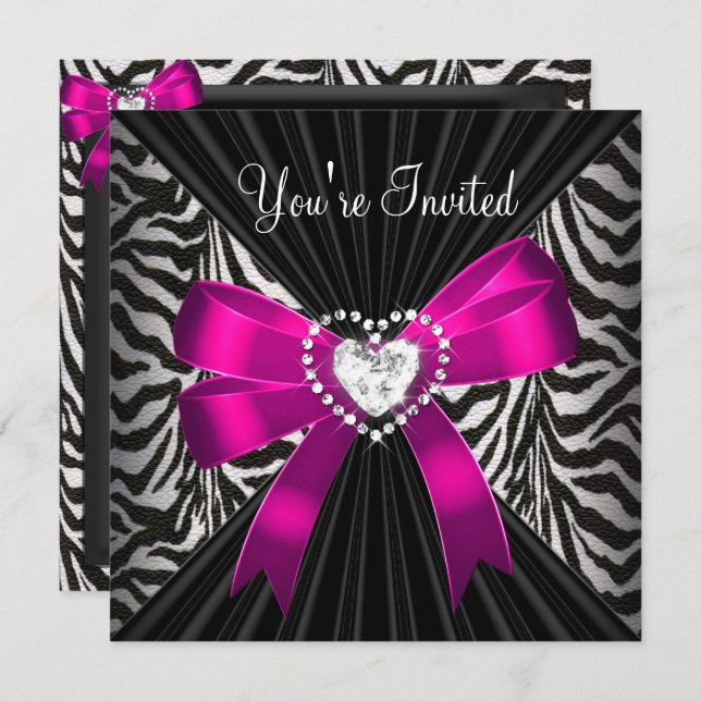Pink Zebra Stripe Black Birthday Party Image Invitation (Front/Back)