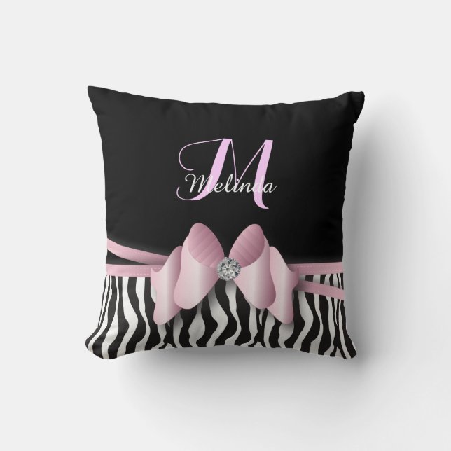 Pink Zebra Striped Bowed | Personalise Cushion (Front)