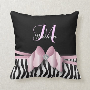 Pink Zebra Striped Bowed   Personalise Cushion