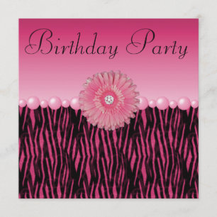 Pink Zebra Stripes Flower & Pearls Birthday Party Invitation
