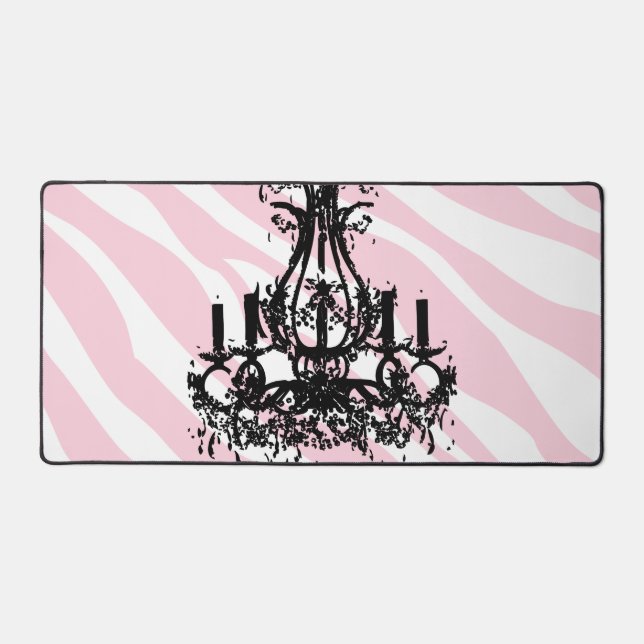 Pink Zebra Stripes With Black Chandelier Desk Mat (Front)