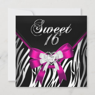 Pink Zebra Sweet Sixteen 16 Birthday Black White Invitation